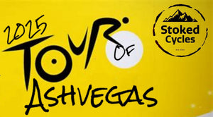 Promotional graphic for '2025 Tour of Ashvegas' with 'Stoked Cycles' logo on a yellow background